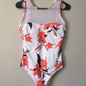 Flower print mesh panel swimsuit